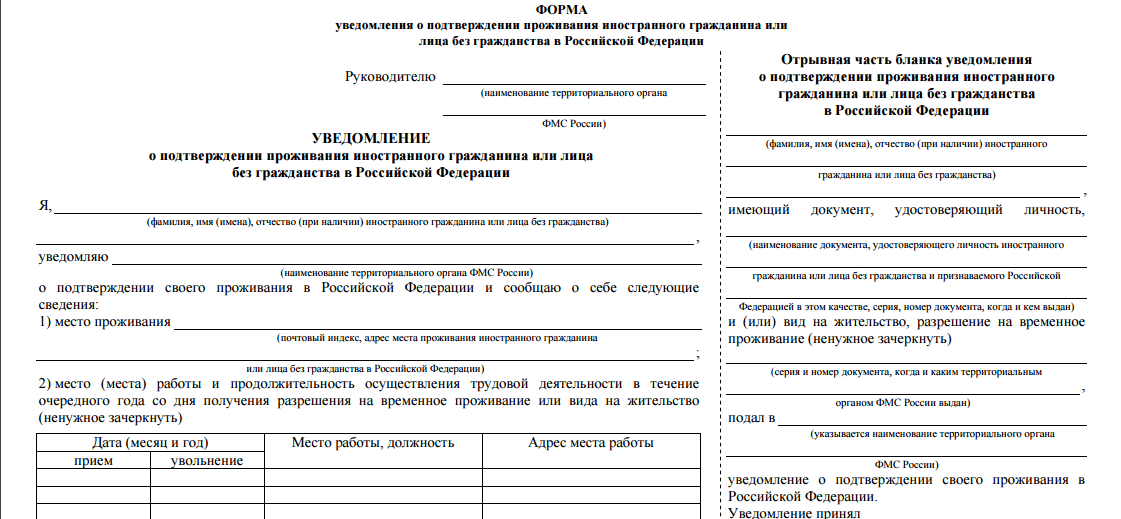 Образец заполнения уведомление внж